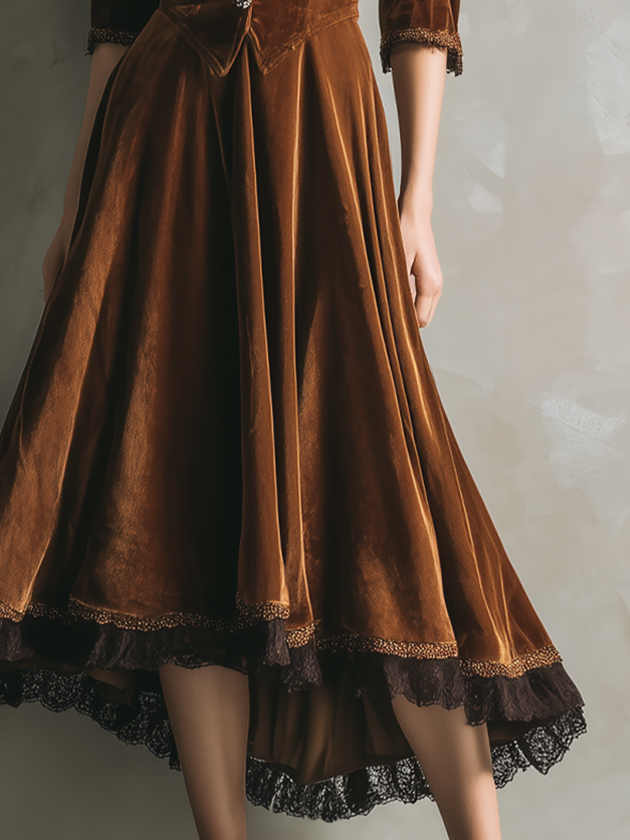 Vestido Midi de Terciopelo Vintage con Encaje y Manga Tres Cuartos