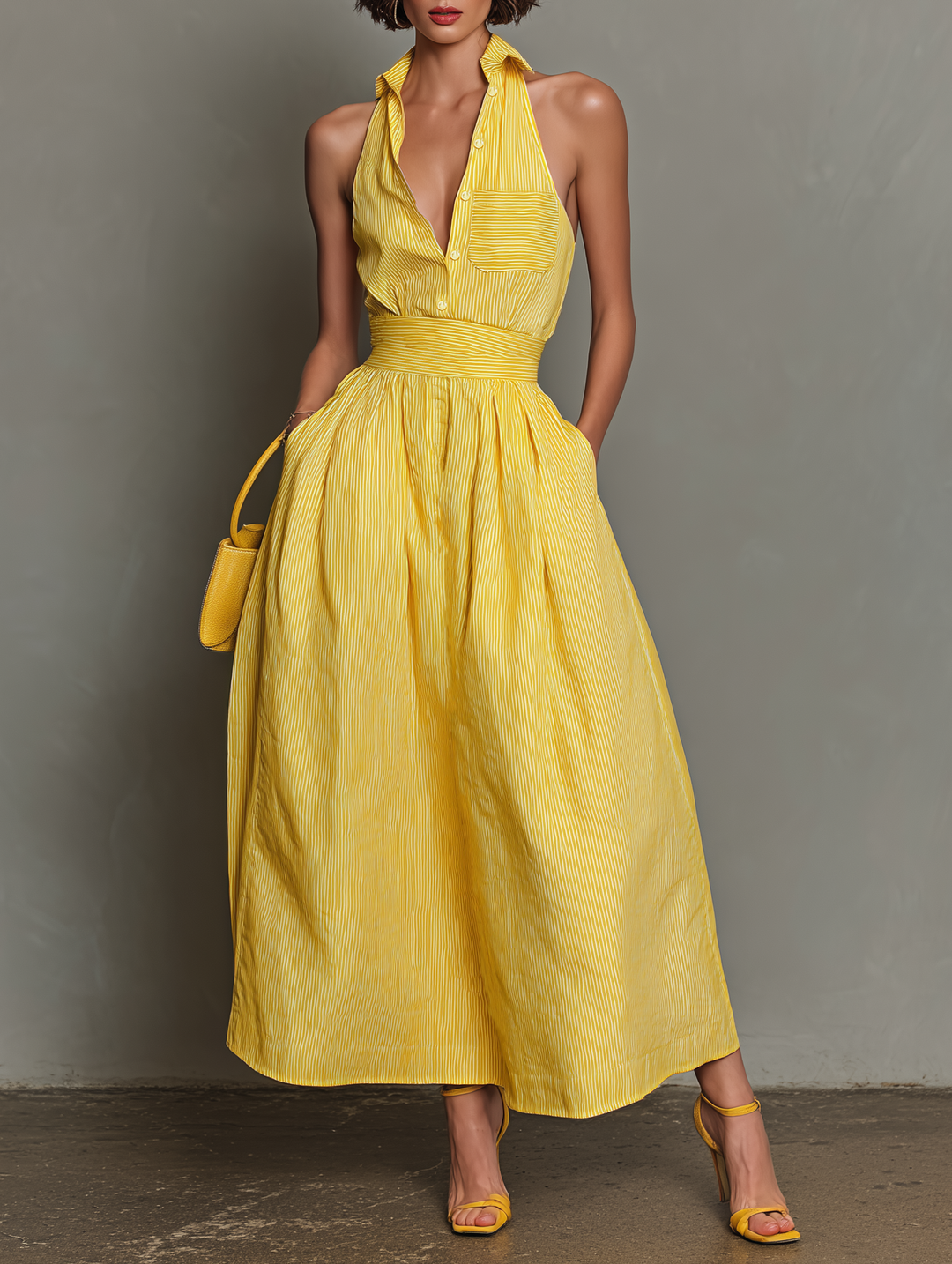 Vestido Maxi Minimalista sin Mangas con Rayas y Solapa