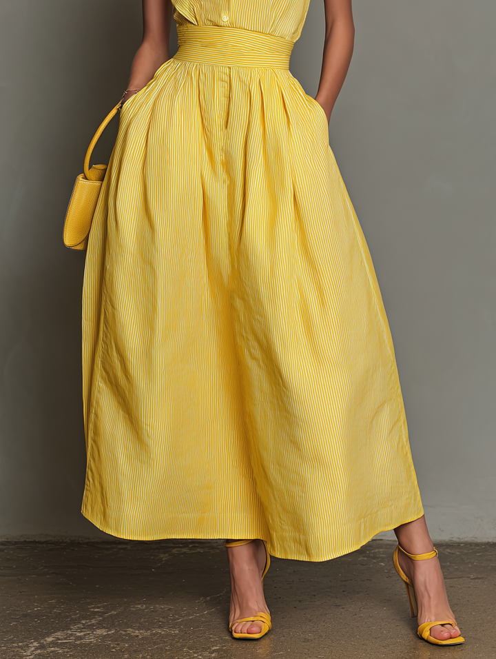 Vestido Maxi Minimalista sin Mangas con Rayas y Solapa