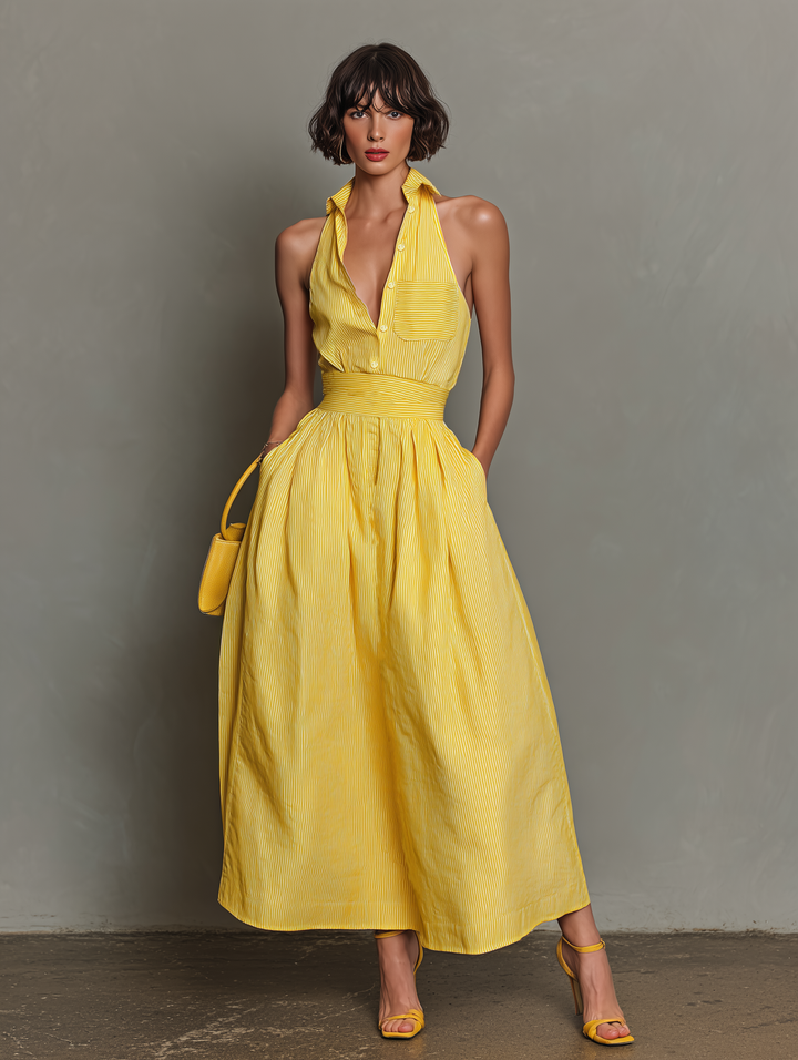 Vestido Maxi Minimalista sin Mangas con Rayas y Solapa