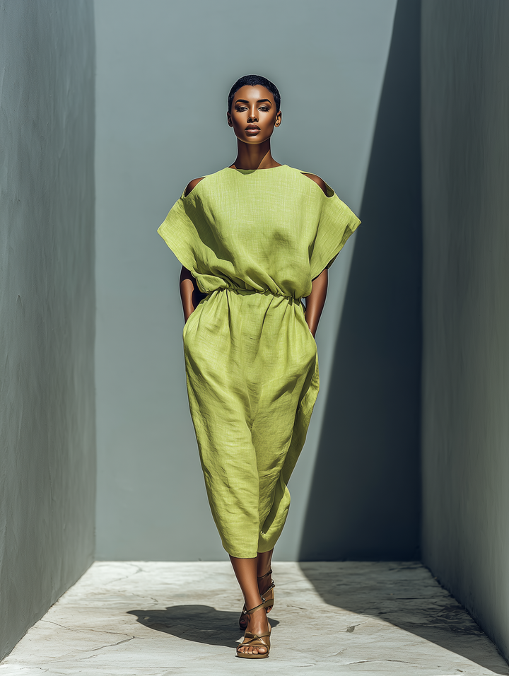 Vestido Midi de Lino Verde Lima con Hombros Descubiertos