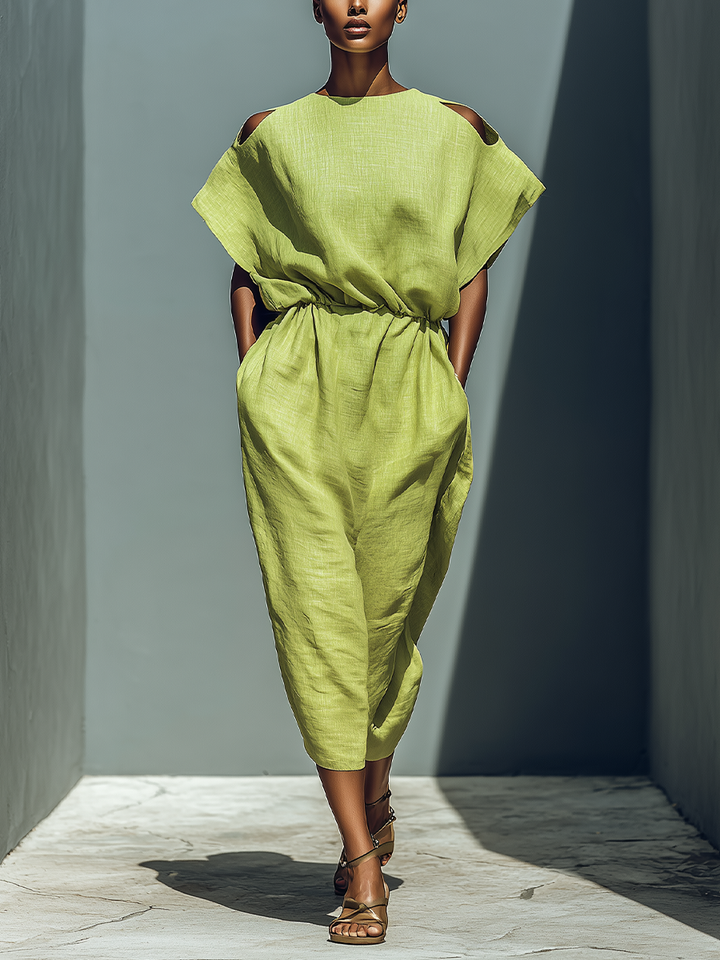 Vestido Midi de Lino Verde Lima con Hombros Descubiertos