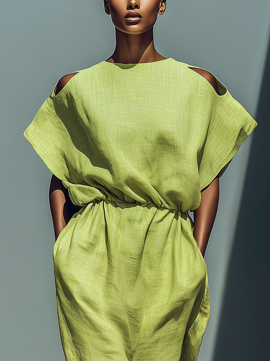 Vestido Midi de Lino Verde Lima con Hombros Descubiertos