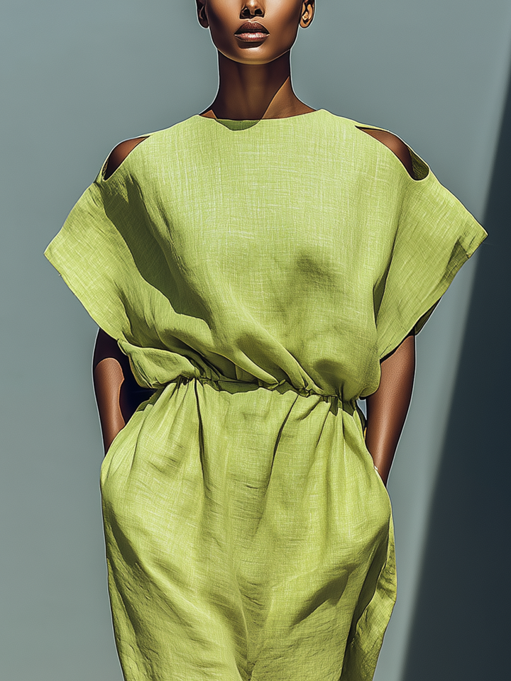 Vestido Midi de Lino Verde Lima con Hombros Descubiertos
