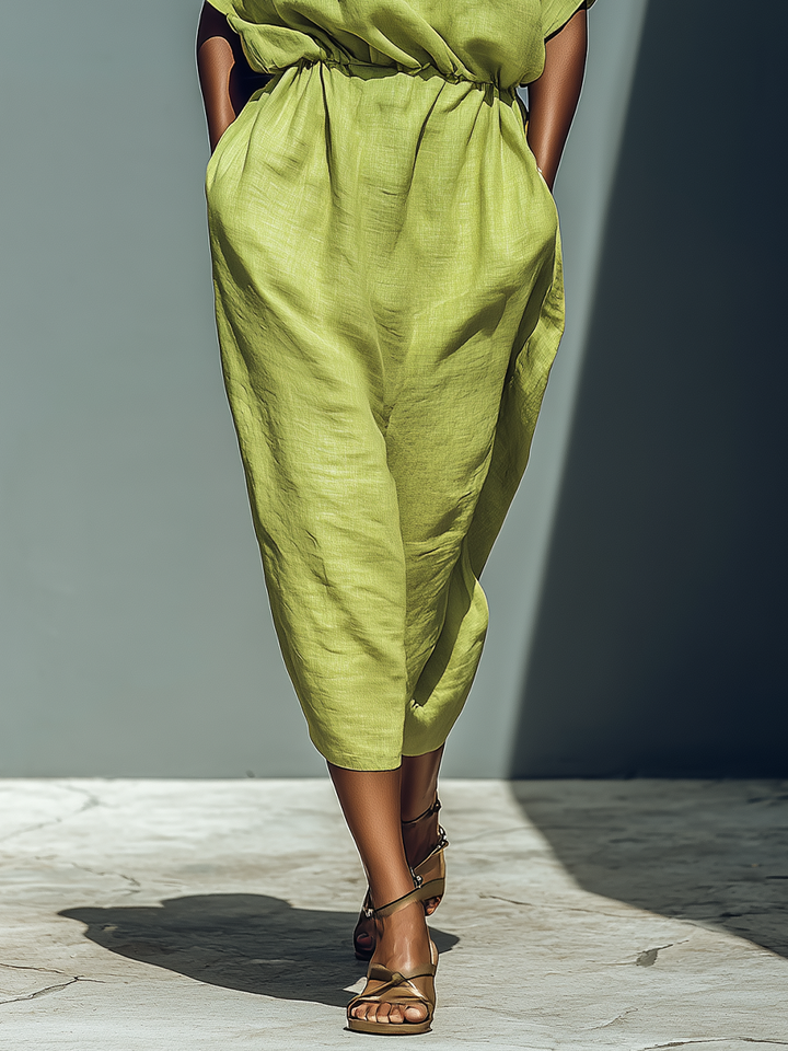 Vestido Midi de Lino Verde Lima con Hombros Descubiertos