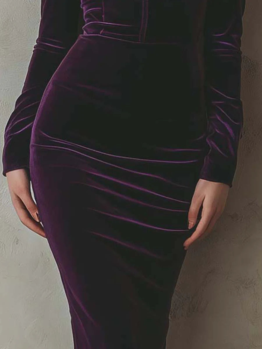 Vestido Midi de Terciopelo Morado Ajustado con Manga Larga