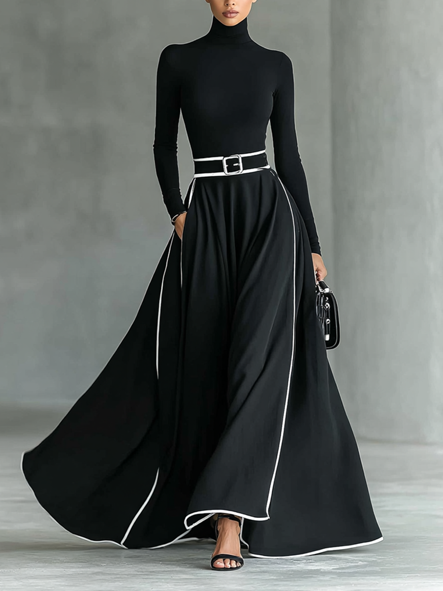 Vestido Maxi Negro con Cuello Alto, Manga Larga y Cinturón Ajustado