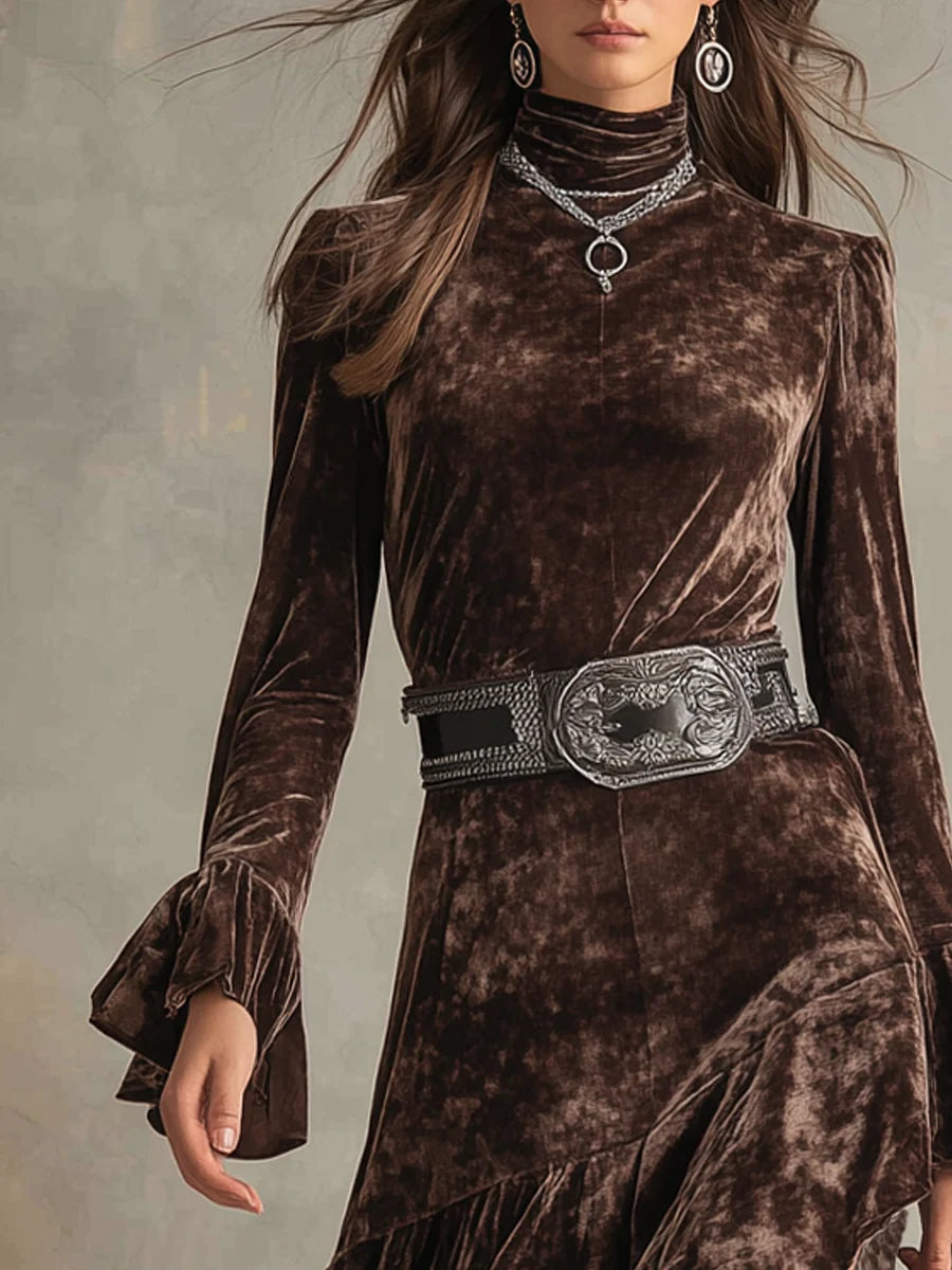Vestido Midi de Terciopelo con Cuello Alto y Mangas Acampanadas