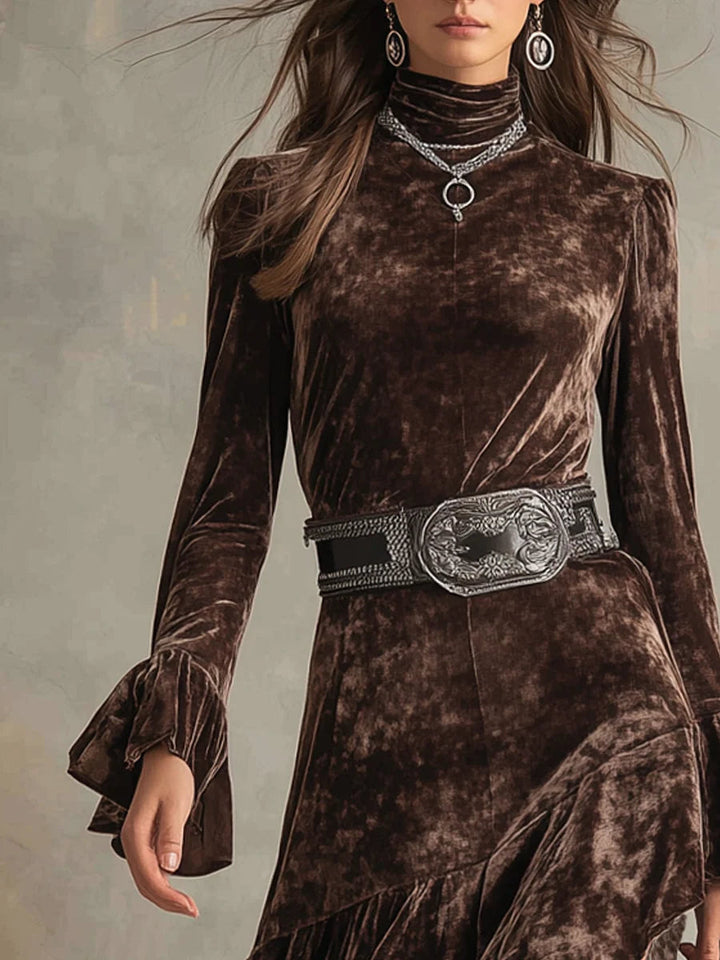 Vestido Midi de Terciopelo con Cuello Alto y Mangas Acampanadas