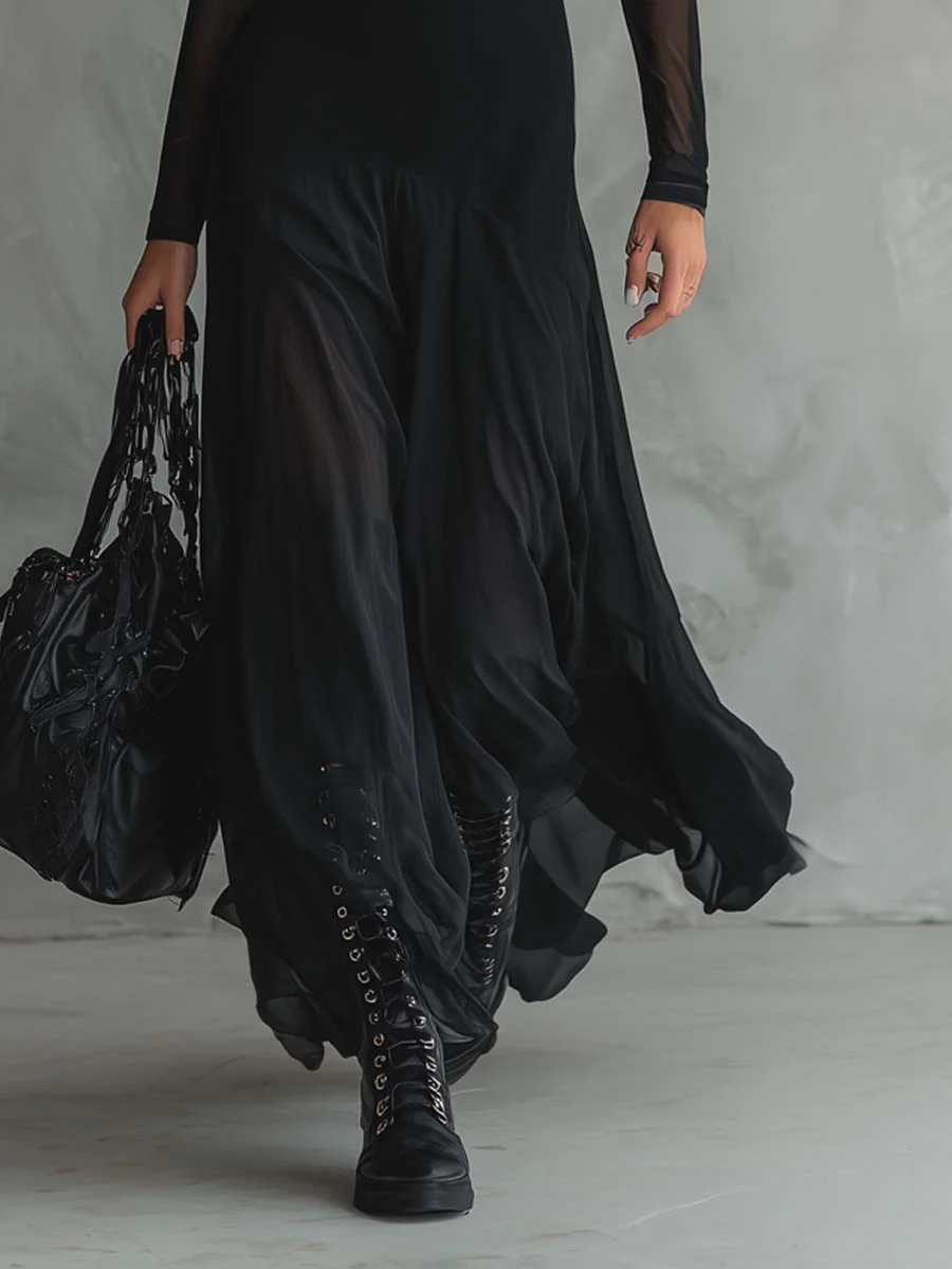 Vestido Maxi Negro con Patchwork de Tul