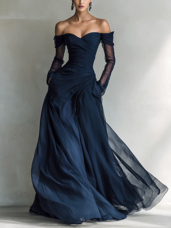Vestido Maxi Azul Oscuro de Gasa con Hombros Descubiertos y Manga Larga