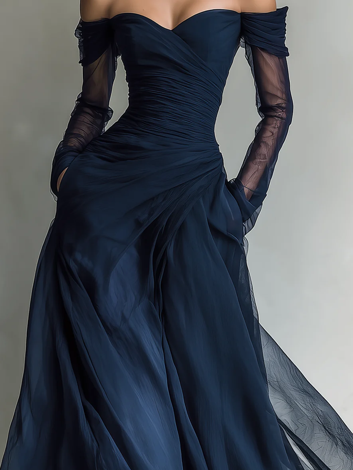 Vestido Maxi Azul Oscuro de Gasa con Hombros Descubiertos y Manga Larga