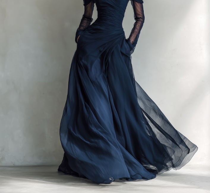 Vestido Maxi Azul Oscuro de Gasa con Hombros Descubiertos y Manga Larga