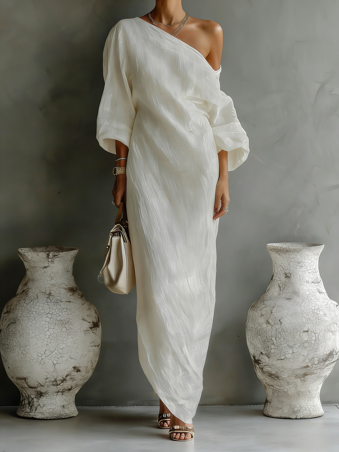 Vestido Maxi de Lino y Algodón con Hombro Descubierto en Blanco Marfil