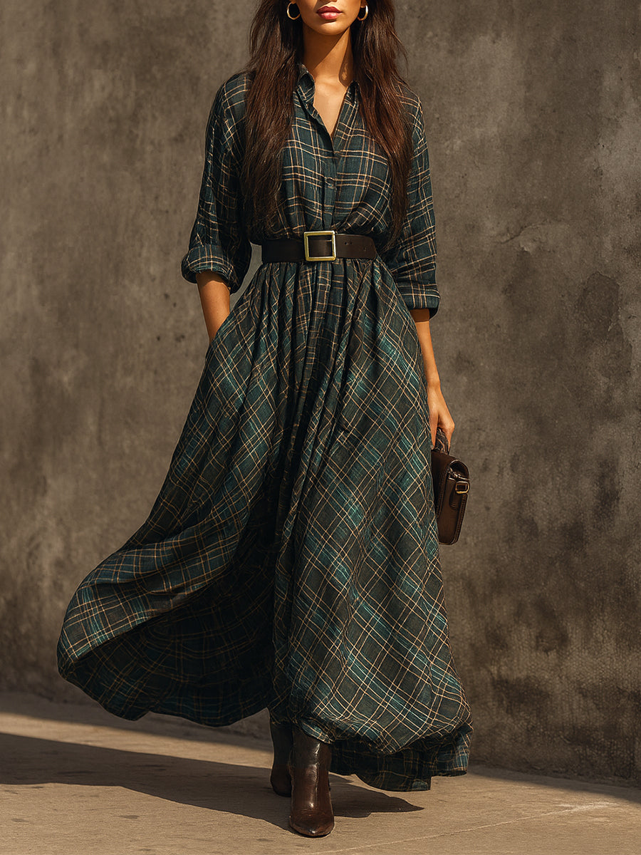 Vestido largo mujer cuadros retro – estilo elegante casual