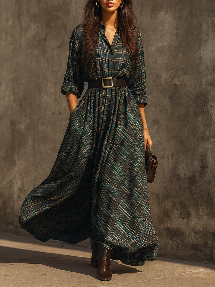 Vestido largo mujer cuadros retro – estilo elegante casual