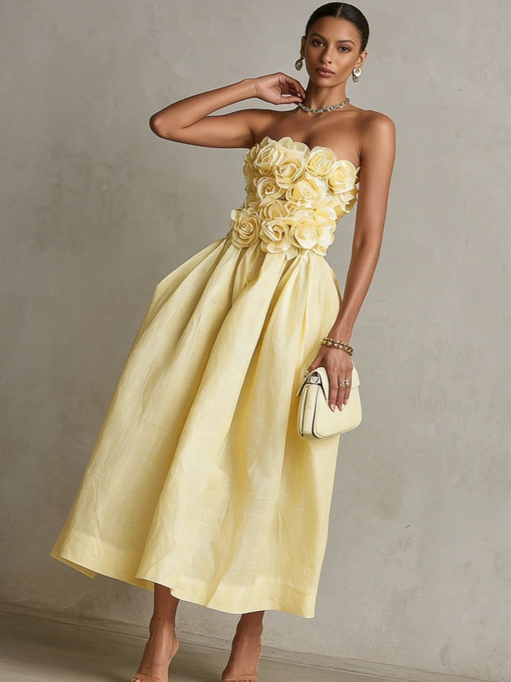 Vestido Midi Amarillo sin Tirantes con Flores 3D