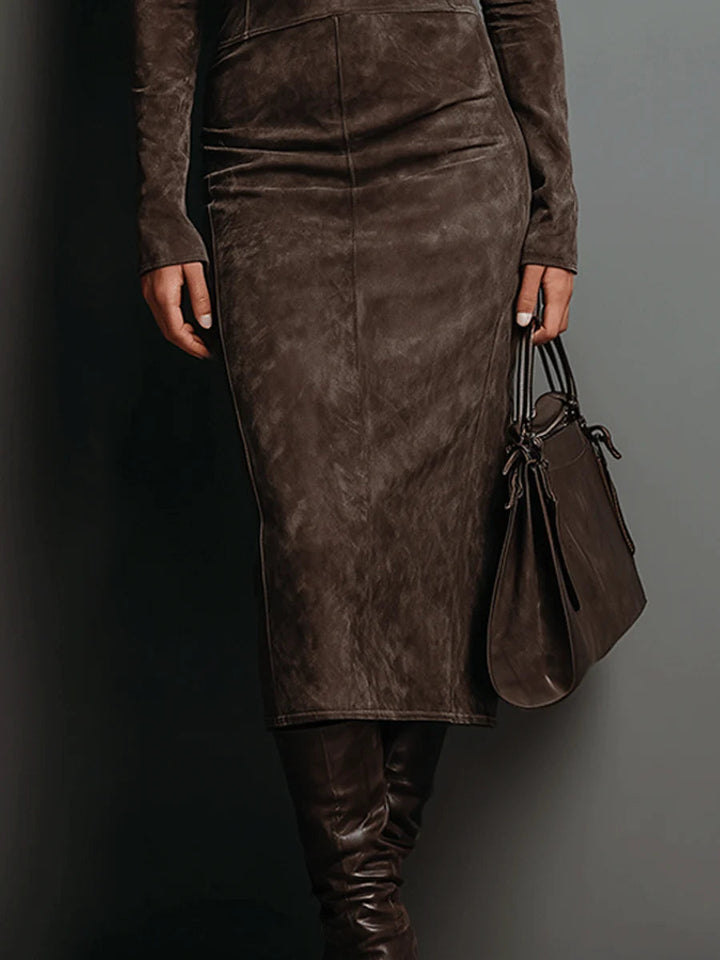 Vestido Midi de Ante con Cuello Alto y Manga Larga