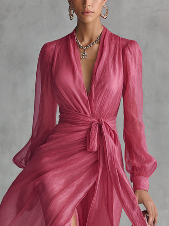 Vestido Maxi de Gasa con Escote en V y Perlas en Rosa