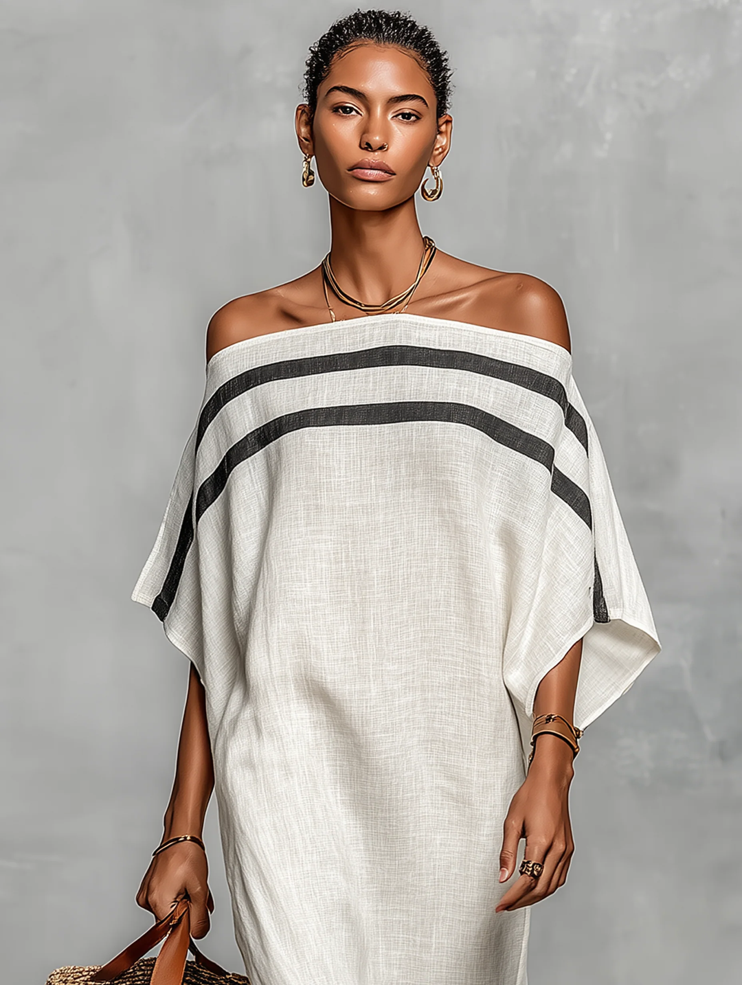 Vestido Maxi de Lino con Hombros Descubiertos y Mangas Murciélago