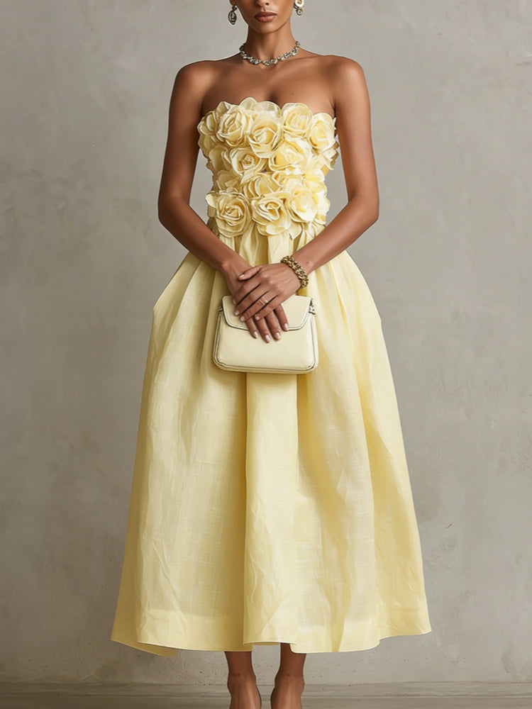 Vestido Midi Amarillo sin Tirantes con Flores 3D