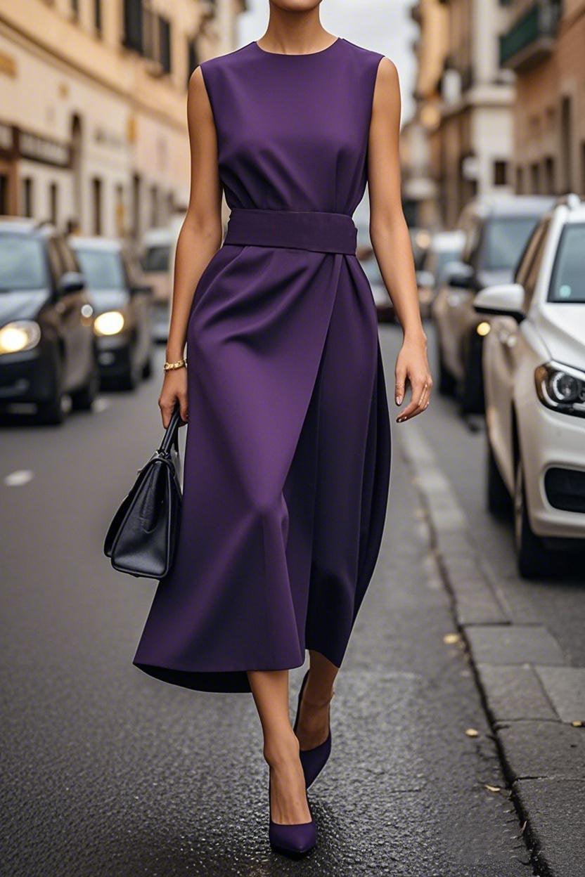 Vestido Elegante de Color Liso con Cintura Otoño-Invierno