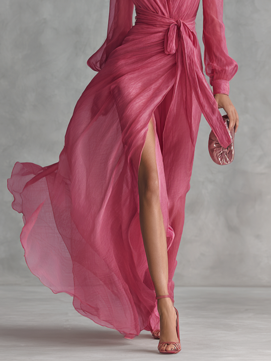 Vestido Maxi de Gasa con Escote en V y Perlas en Rosa