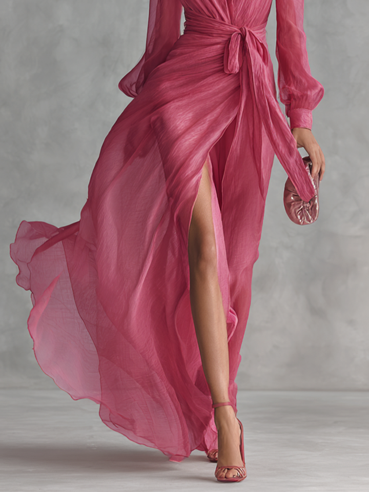 Vestido Maxi de Gasa con Escote en V y Perlas en Rosa