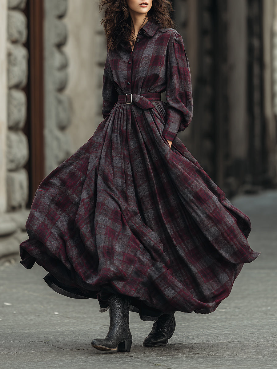 Vestido Maxi Camisero de Cuadros Retro con Mangas Farol y Cinturón