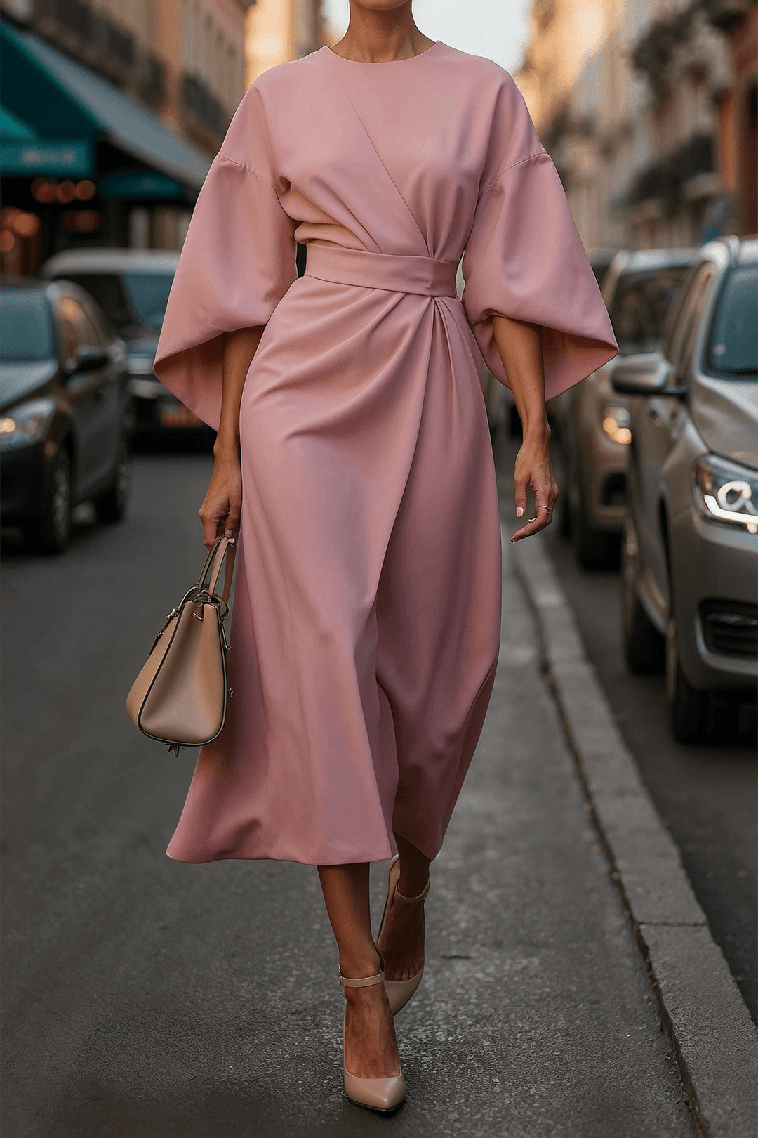 Vestido Elegante de Color Liso con Cintura Definida