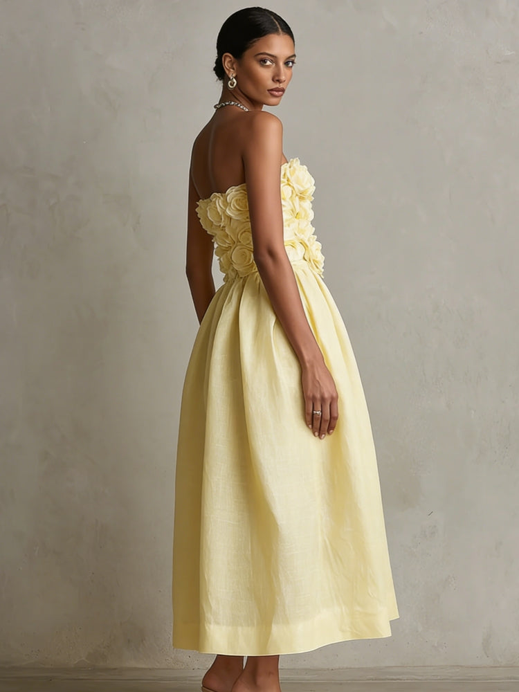 Vestido Midi Amarillo sin Tirantes con Flores 3D
