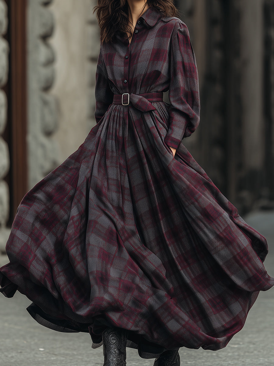 Vestido Maxi Camisero de Cuadros Retro con Mangas Farol y Cinturón