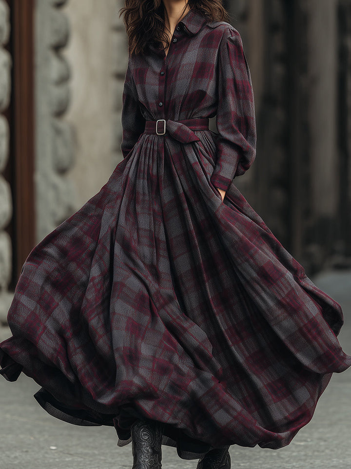 Vestido Maxi Camisero de Cuadros Retro con Mangas Farol y Cinturón