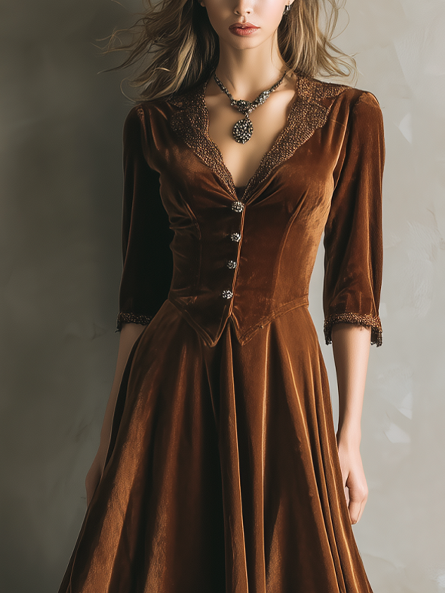 Vestido Midi de Terciopelo Vintage con Encaje y Manga Tres Cuartos