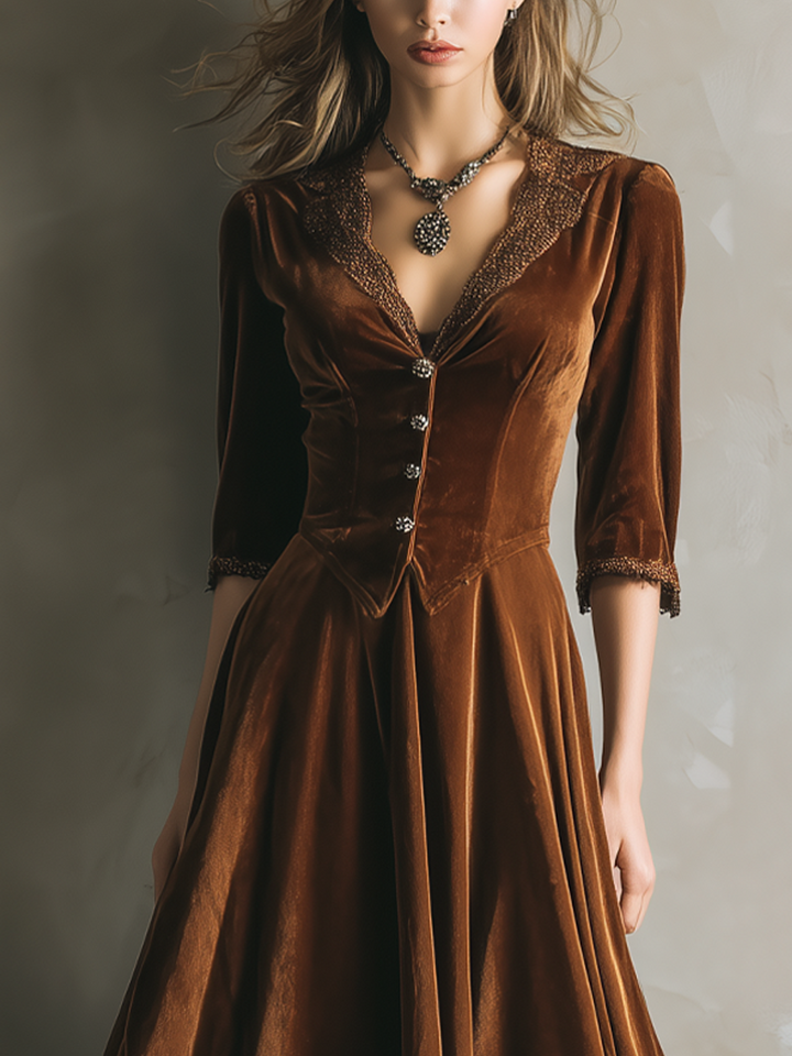 Vestido Midi de Terciopelo Vintage con Encaje y Manga Tres Cuartos