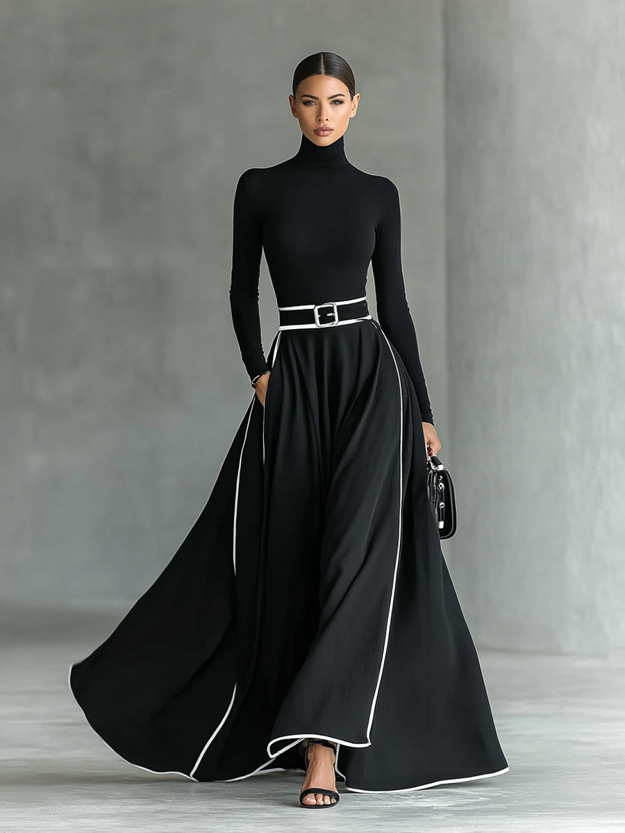 Vestido Maxi Negro con Cuello Alto, Manga Larga y Cinturón Ajustado