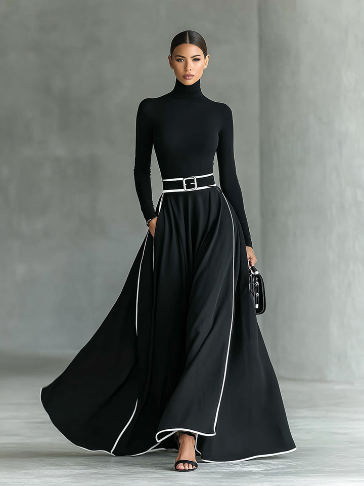 Vestido Maxi Negro con Cuello Alto, Manga Larga y Cinturón Ajustado