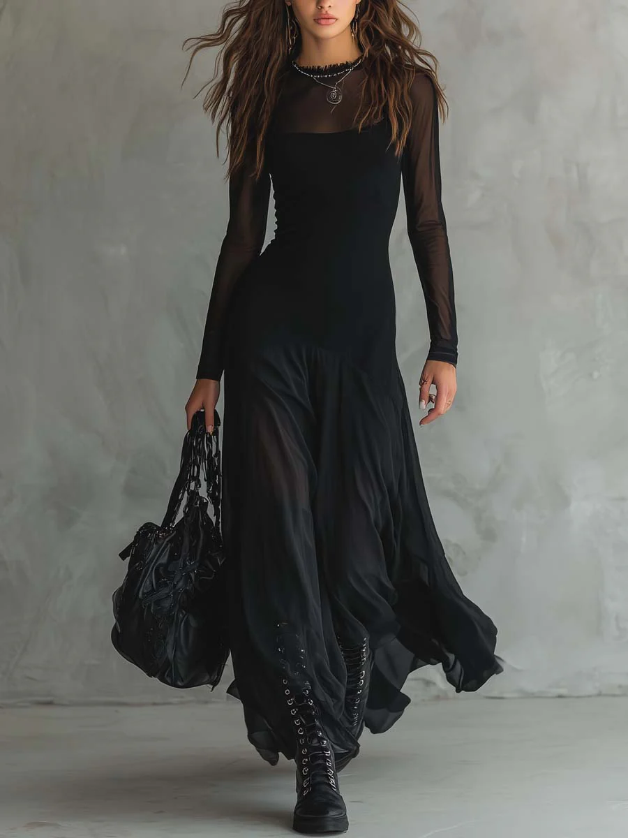 Vestido Maxi Negro con Patchwork de Tul