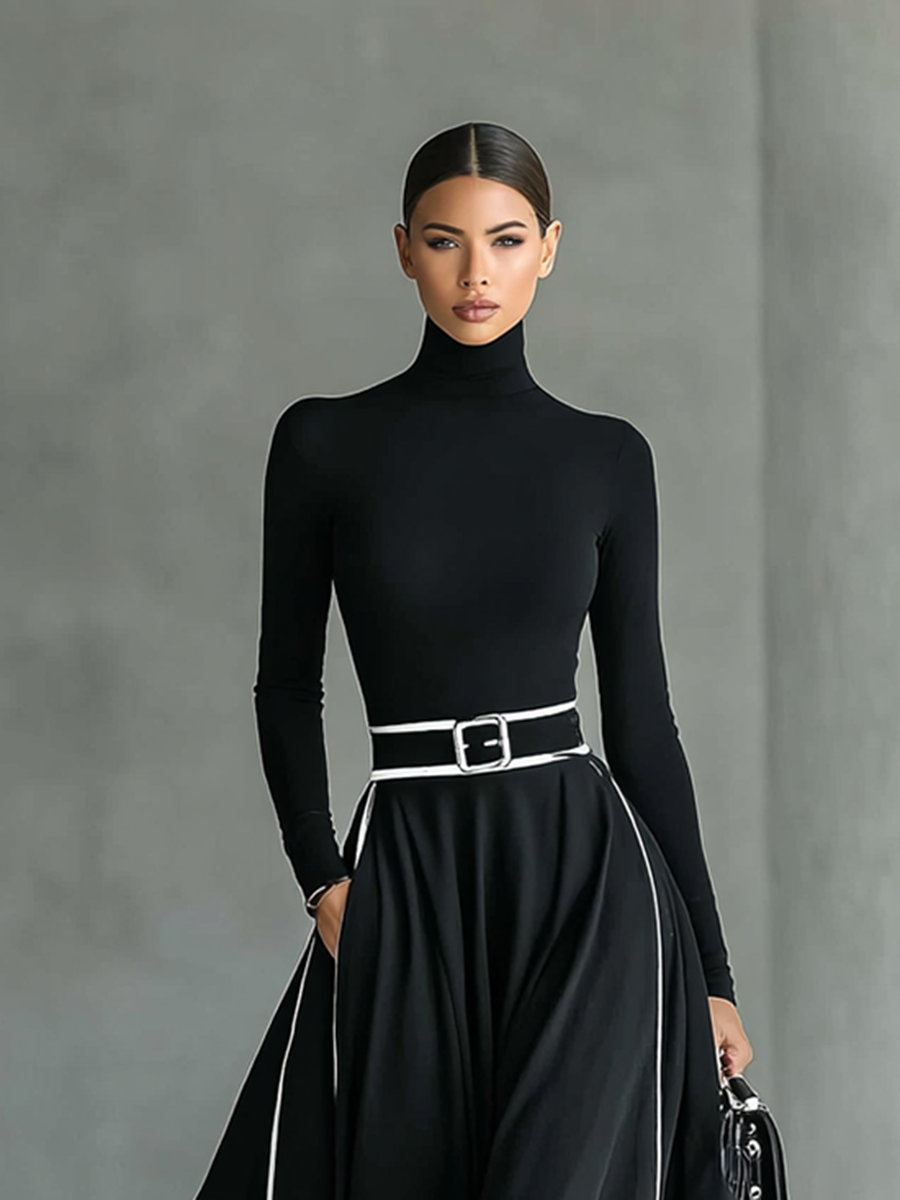 Vestido Maxi Negro con Cuello Alto, Manga Larga y Cinturón Ajustado