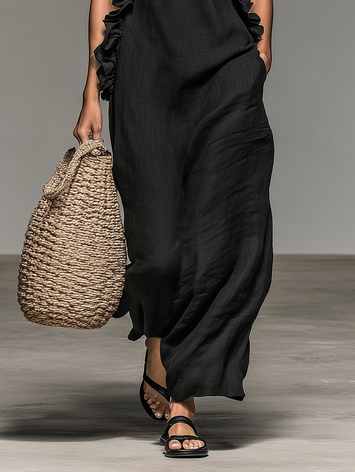 Vestido Maxi de Lino sin Mangas con Volantes