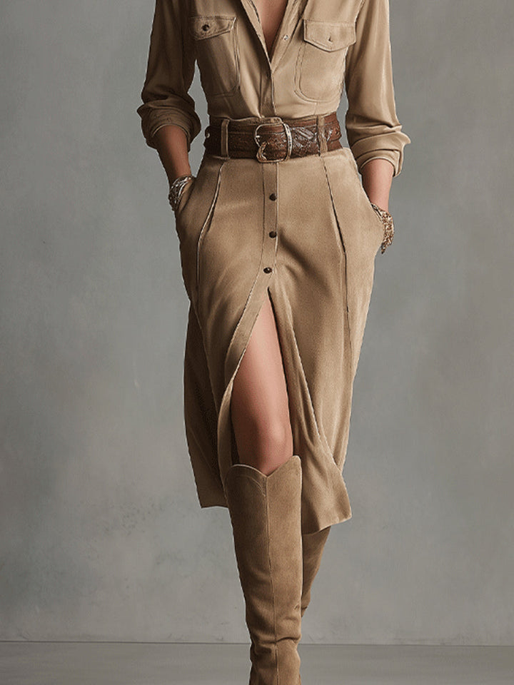 Vestido Midi de Ante Marrón para Mujer