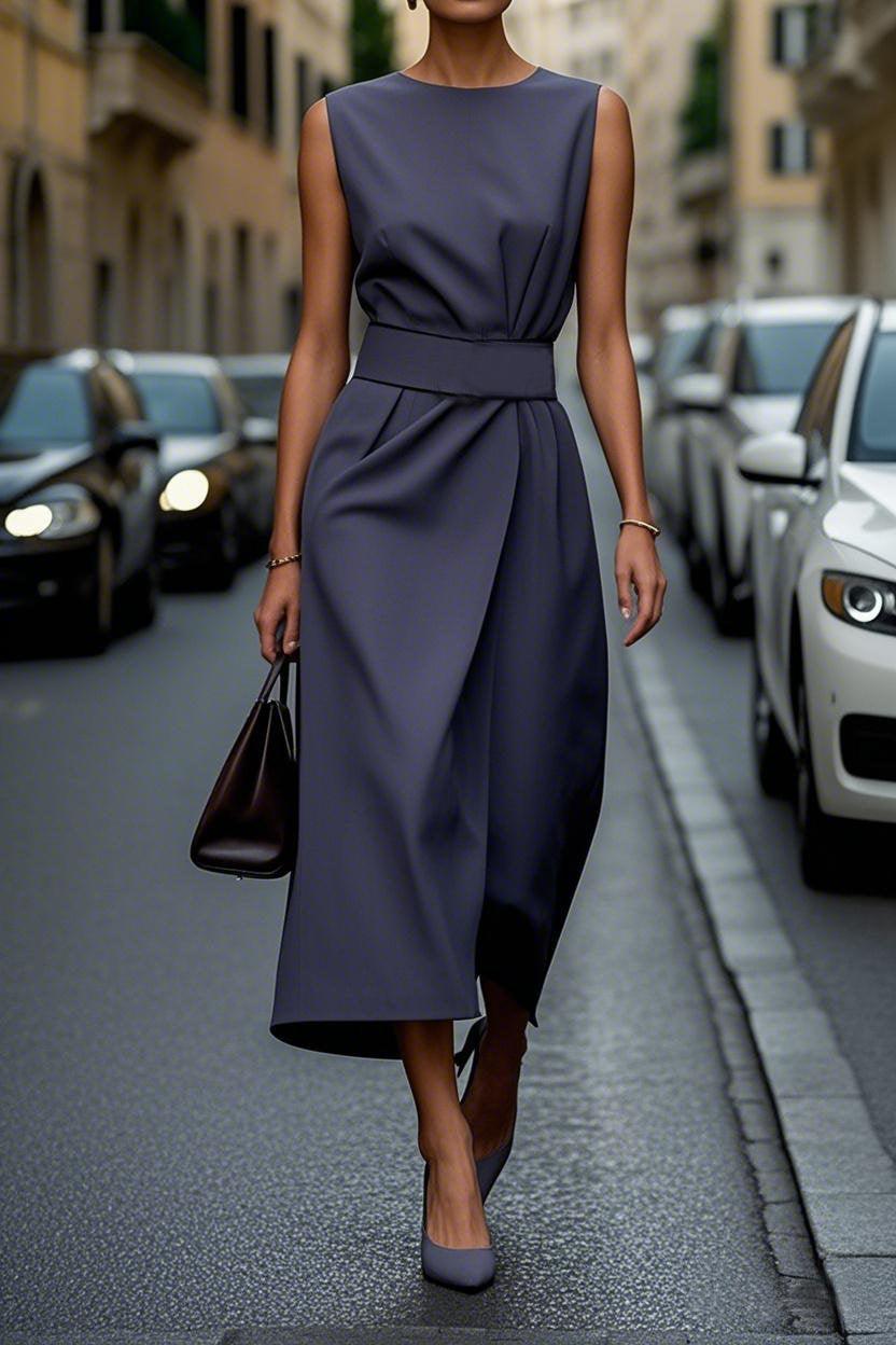 Vestido Elegante de Color Liso con Cintura Otoño-Invierno