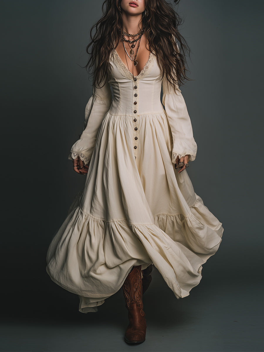 Vestido Maxi de Algodón con Encaje Vintage y Botones