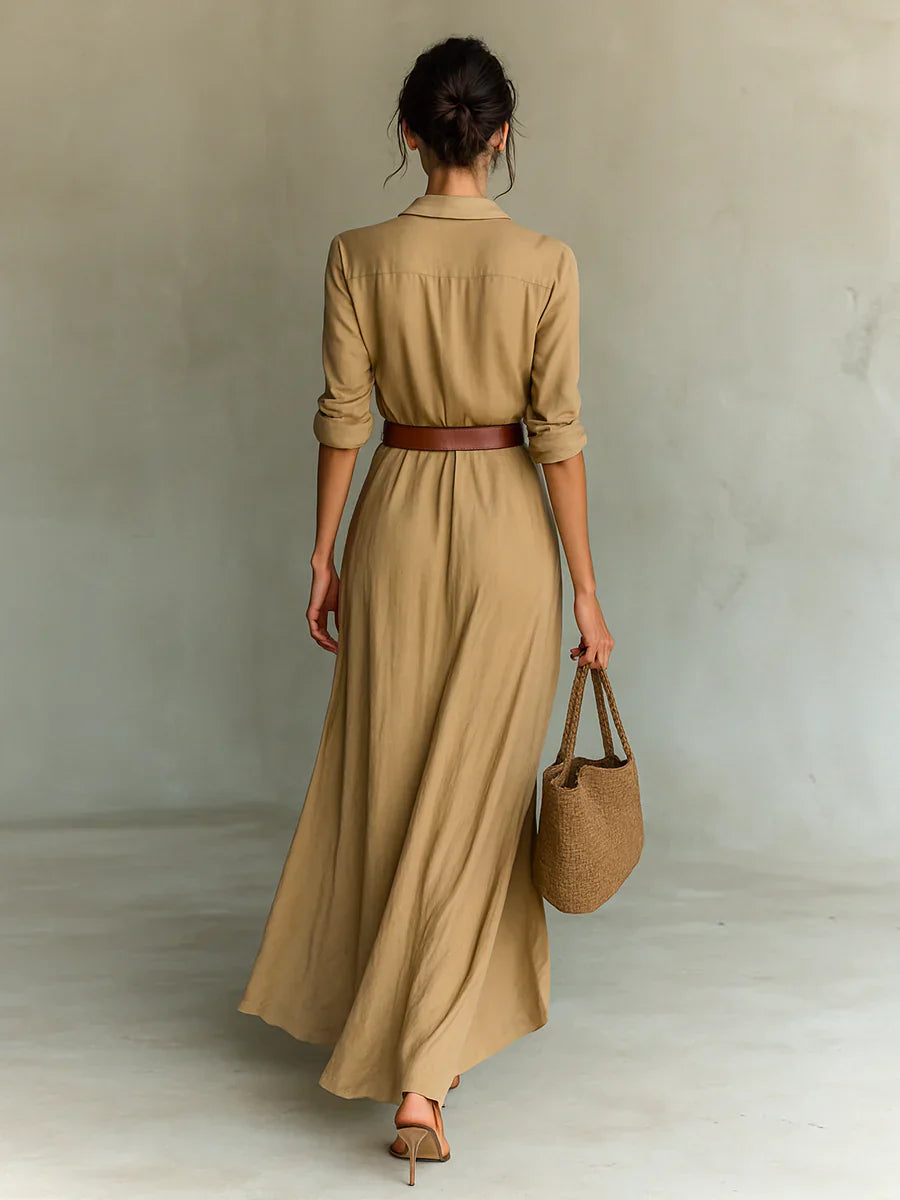 Vestido Maxi Camisero con Solapa y Cinturón de Manga Larga
