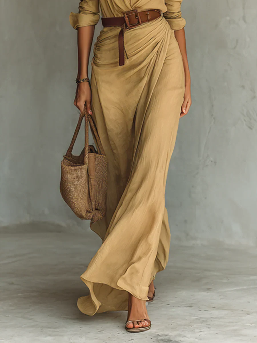 Vestido Maxi Camisero con Solapa y Cinturón de Manga Larga