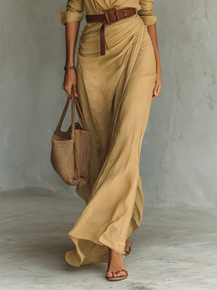 Vestido Maxi Camisero con Solapa y Cinturón de Manga Larga