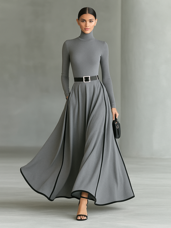 Vestido Maxi Negro con Cuello Alto, Manga Larga y Cinturón Ajustado