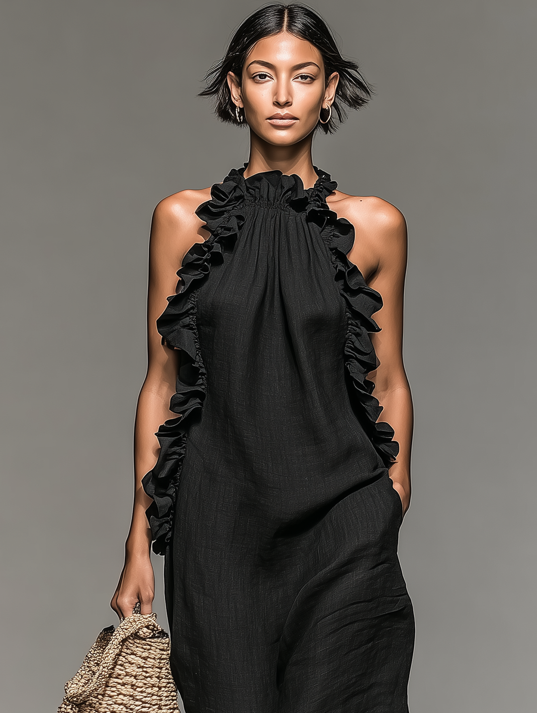 Vestido Maxi de Lino sin Mangas con Volantes