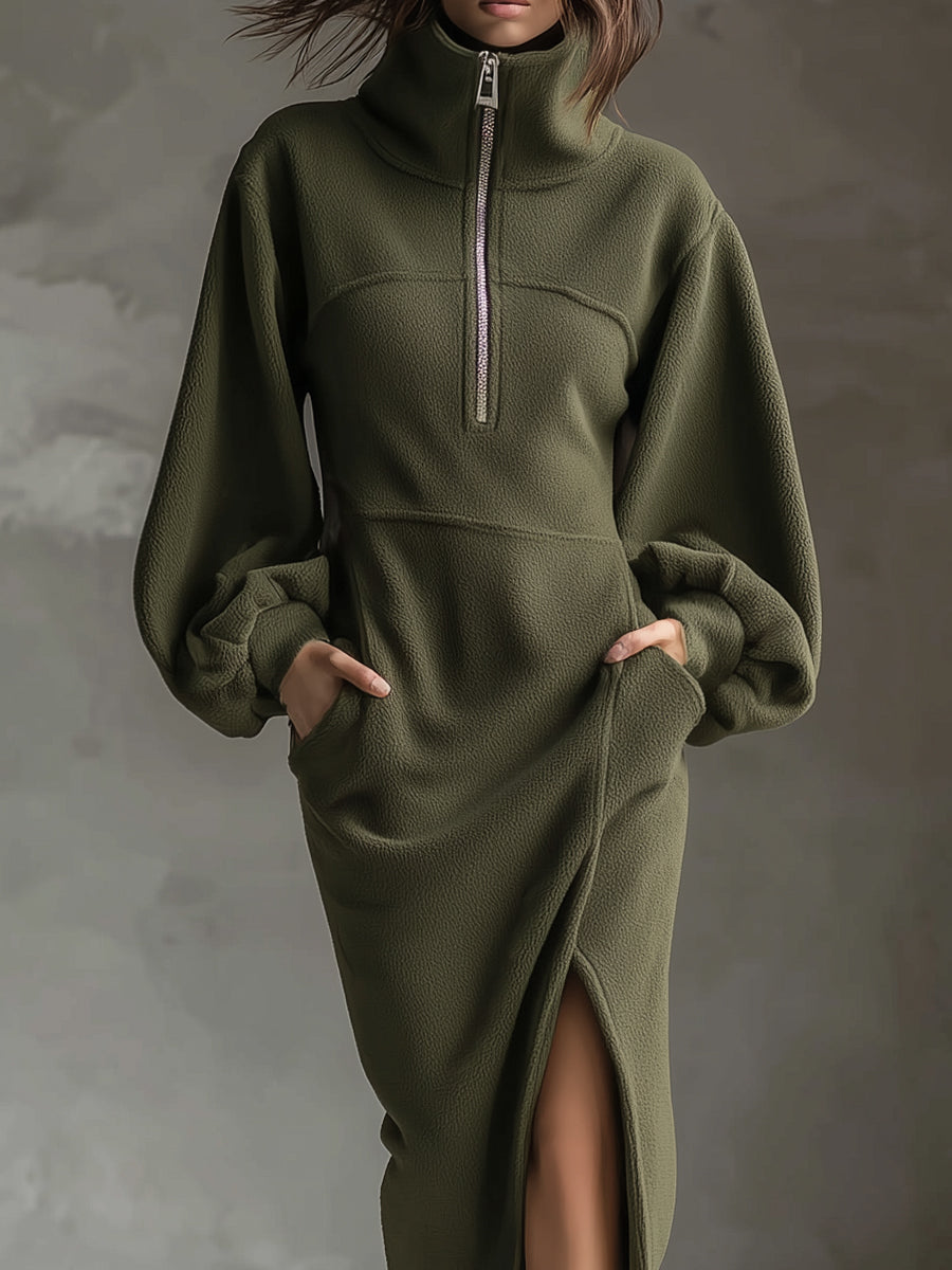 Vestido Midi de Forro Polar con Mangas Farol y Cremallera Delantera