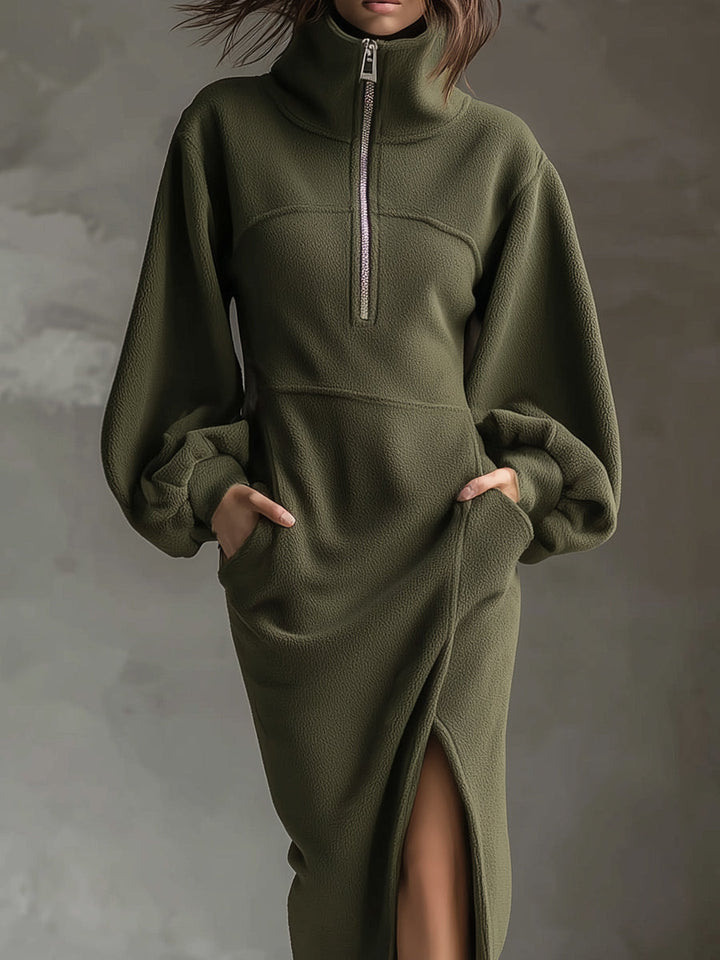 Vestido Midi de Forro Polar con Mangas Farol y Cremallera Delantera